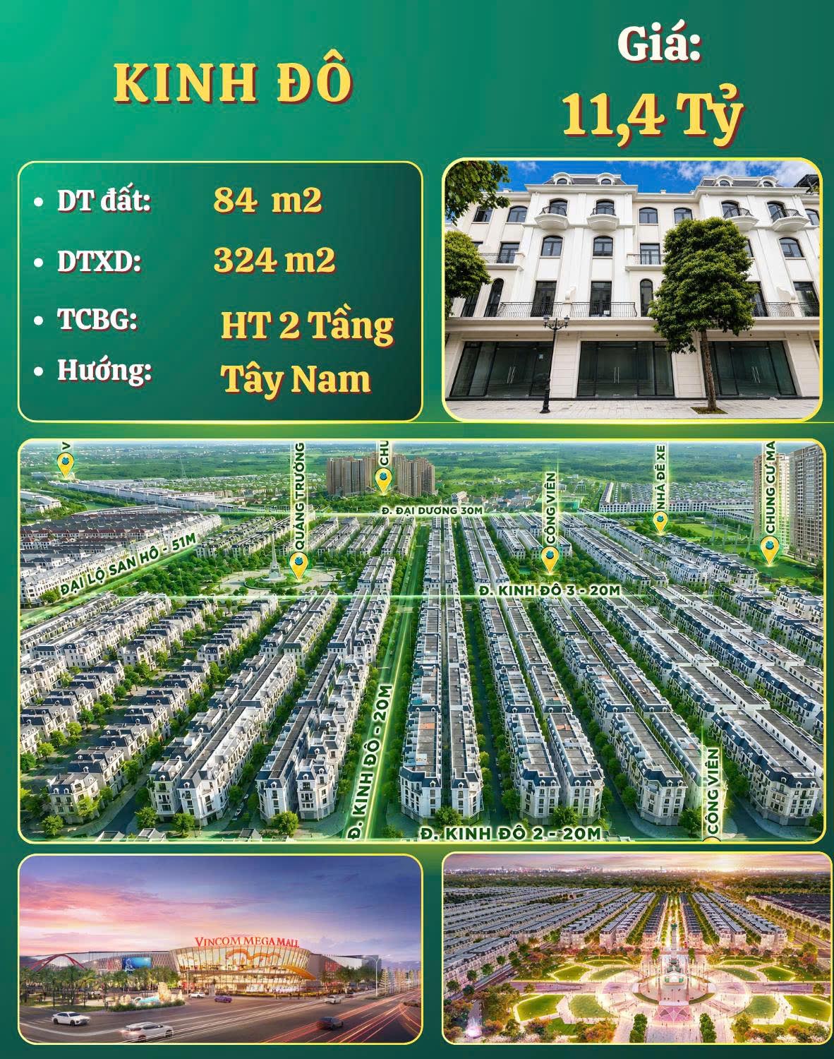 Bán Liền Kề Kinh Đô số căn đẹp, 84m2 giá cực tốt 11,4 tỷ hướng Tây Nam, hoàn thiện 2 tầng
